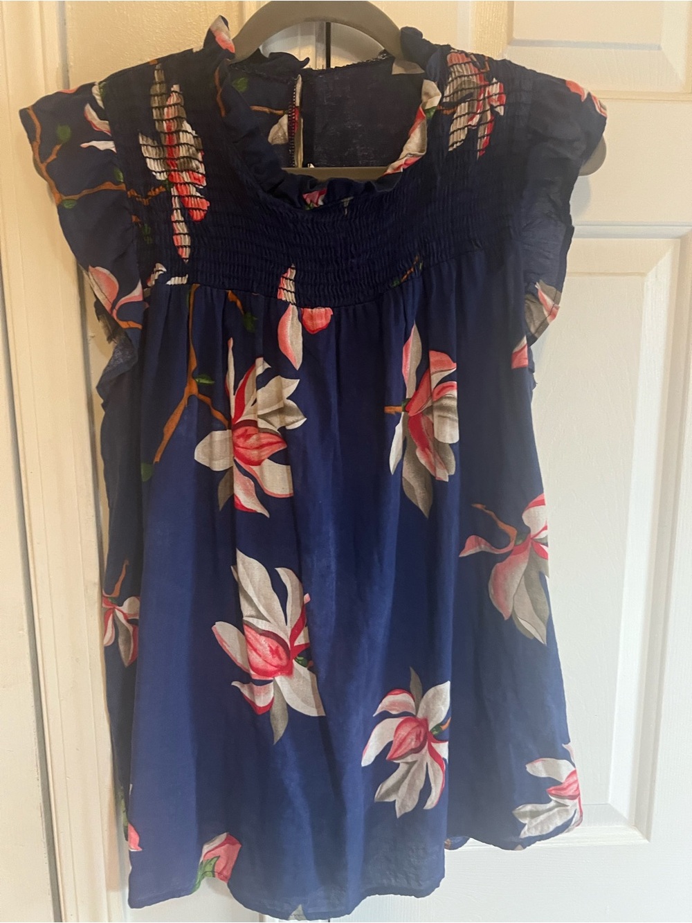 BUCKETLIST Navy Floral Smocked Flutter Sleeve Blouse